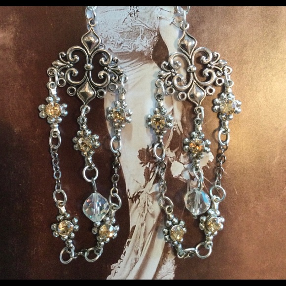 Hand Crafted Jewelry - Vintage Chandelier Silver Earrings w Czech Crystal